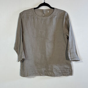 Muji Beige Brown Washed Linen 3/4 Sleeve Blouse Top Women’s Medium Back Button